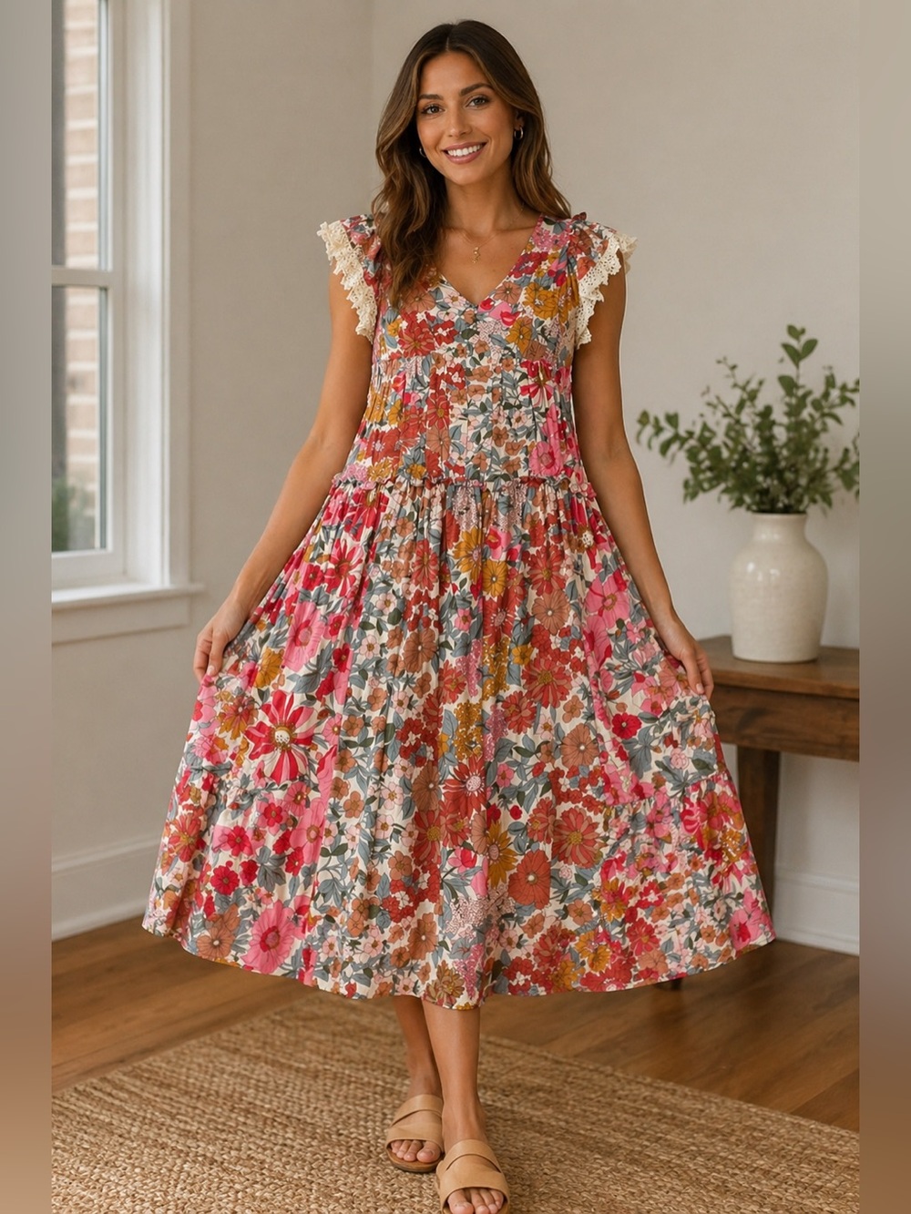 Jodifl Floral Boho Midi Dress with Lace Sleeves Sz: M